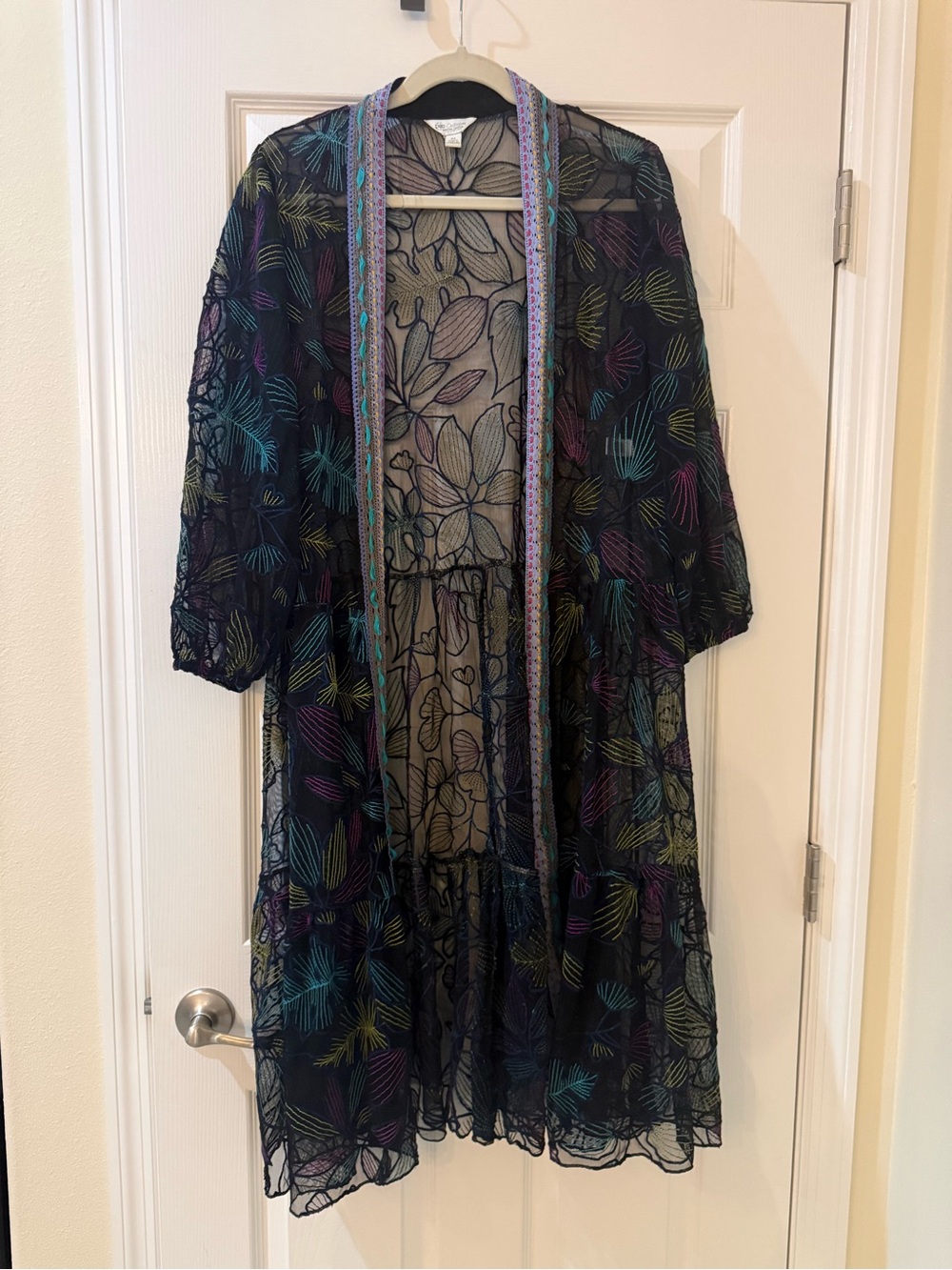 Cato Sheer Embroidered Floral Kimono in Black with Multicolor Accents